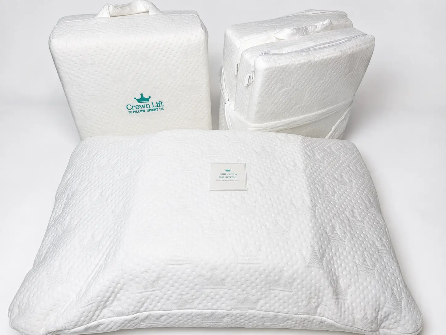 The Crown Lift adjustable pillow-support system assembled with a pillow