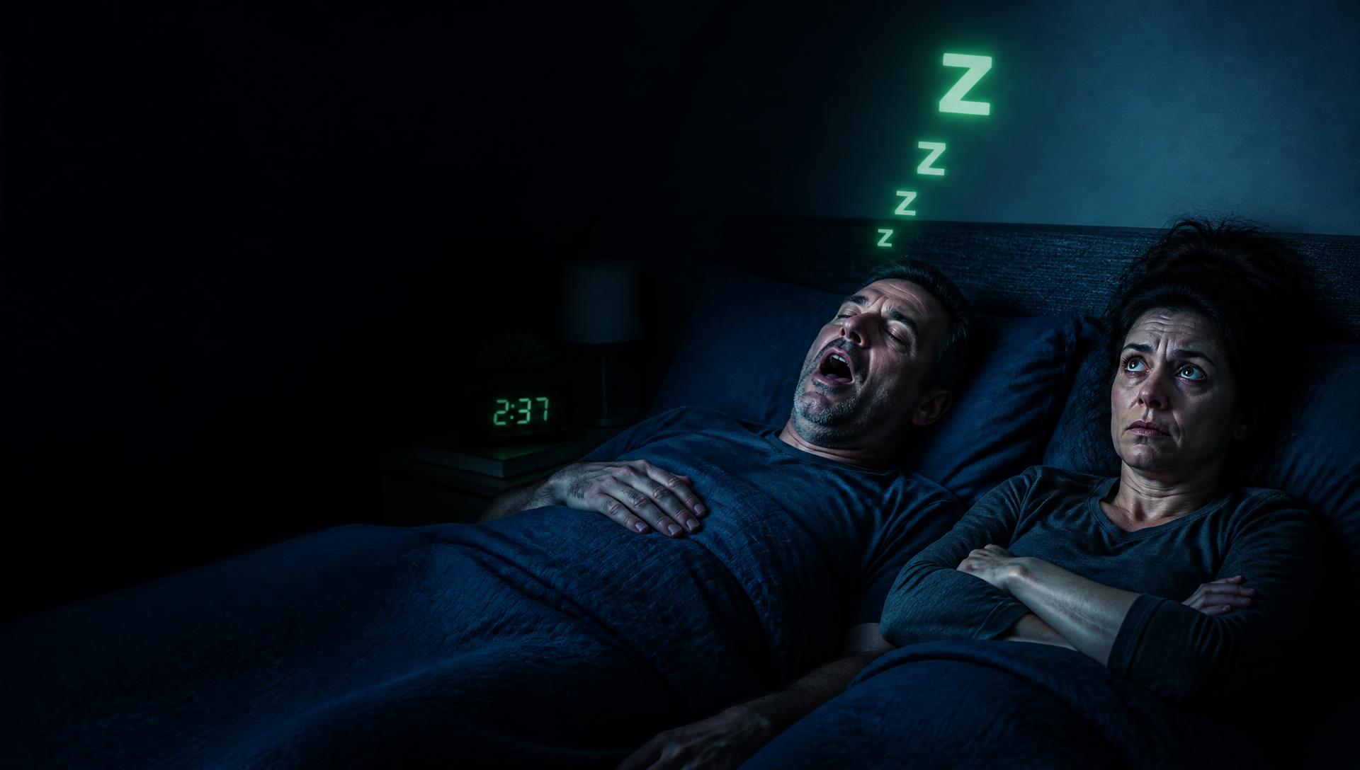 An exhausted partner lies wide awake while the other happily snores — the SnoreZombie moment